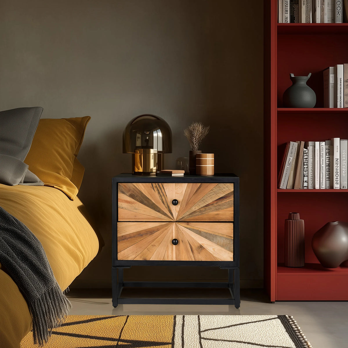 Madia SANTJAGO BLACK SUN S in legno in tonalità scure con due cassetti e struttura nera di hjh LIVING