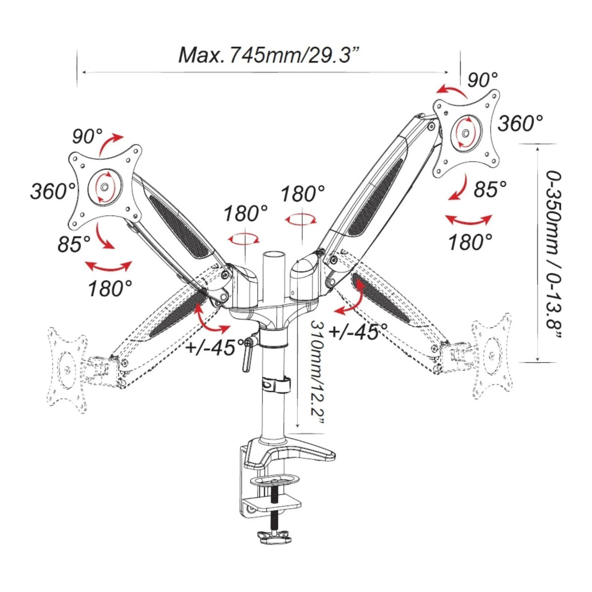 Disegno tecnico del Supporto per monitor VM-MG2S con una larghezza massima di 745 mm di hjh OFFICE