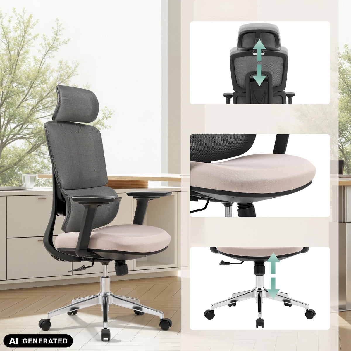 Sedia da ufficio professionale Ergomy Pro in grigio scuro e beige con opzioni di regolazione di hjh OFFICE (immagine generata dall’IA)