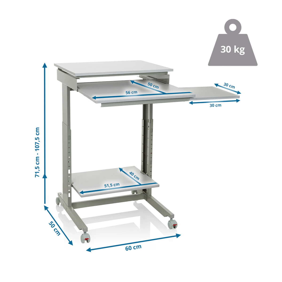Disegno tecnico della Scrivania in piedi WORKSTATION con un'altezza da 71,5 a 107,5 cm di hjh OFFICE