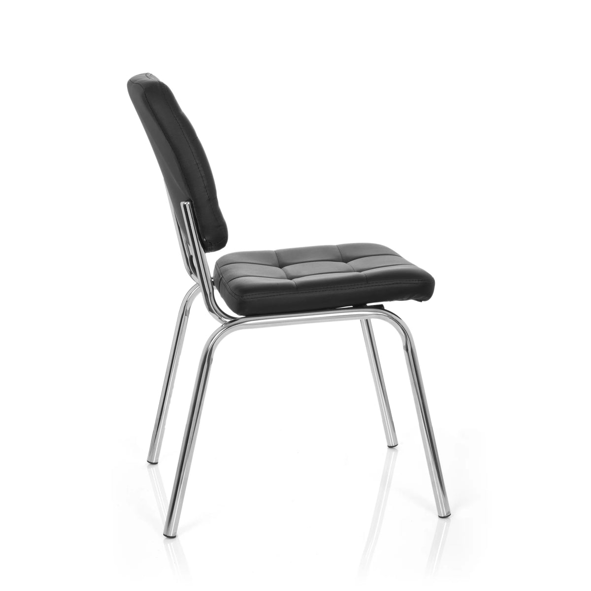 Sedia a quattro gambe PICENO V nera con imbottitura trapuntata e struttura in cromo di hjh OFFICE – vista a 360° (profilo laterale 100°)