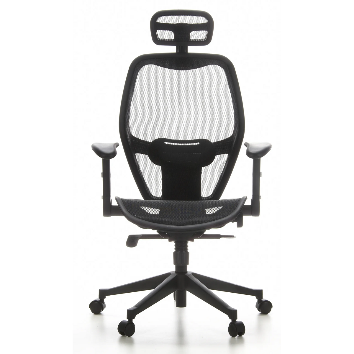 Sedia da ufficio professionale AIR-PORT nera con schienale in rete, poggiatesta e base a cinque ruote di hjh OFFICE – vista a 360° (vista frontale 0°)