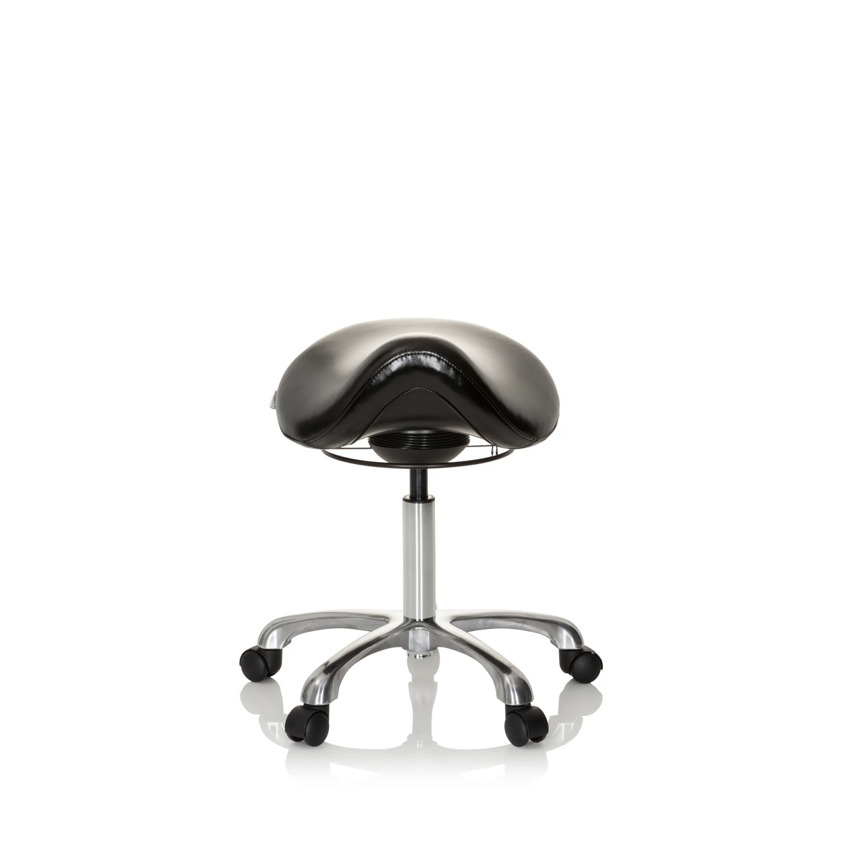 Sgabello a sella ORTHO SIT nero con crociera per i piedi e cinque ruote di hjh OFFICE – vista a 360° (vista frontale 0°)