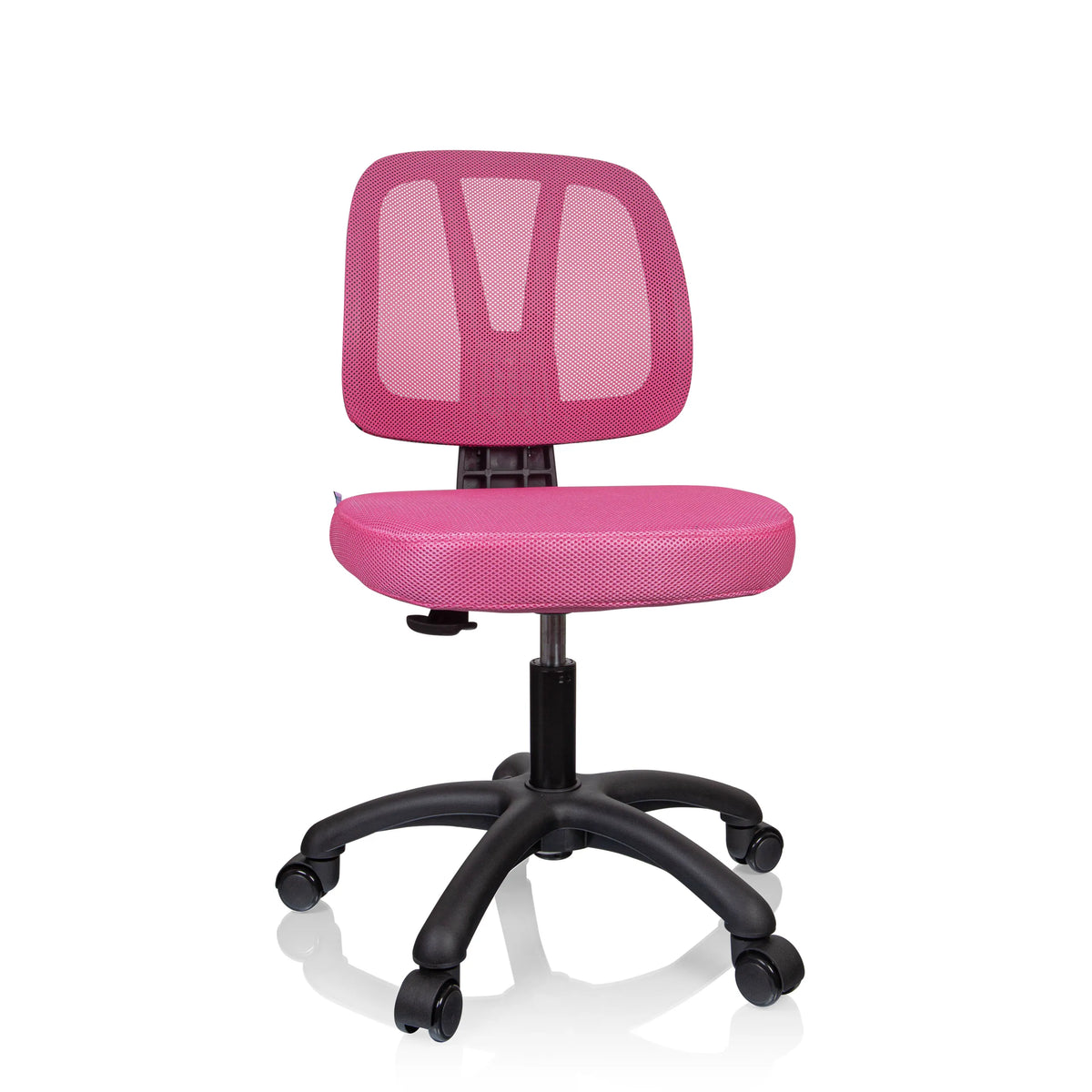 Sedia girevole per bambini KID YU 200 rosa con schienale in rete e base nera a cinque ruote di hjh OFFICE – vista a 360° (vista frontale 15°)