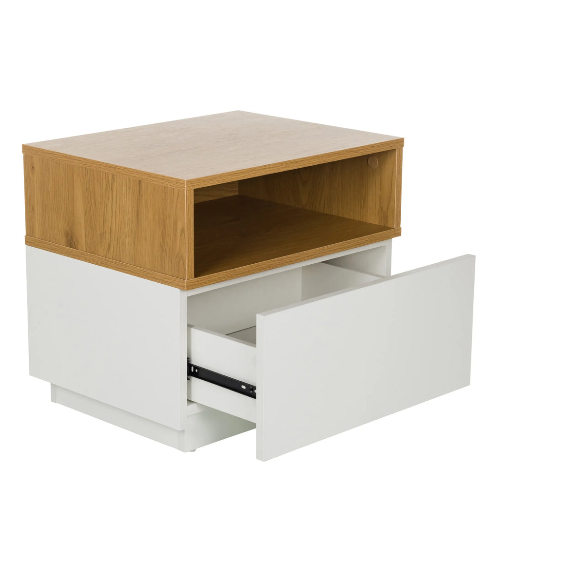 Cassetto aperto del tavolino MELMO in bianco e rovere di hjh LIVING