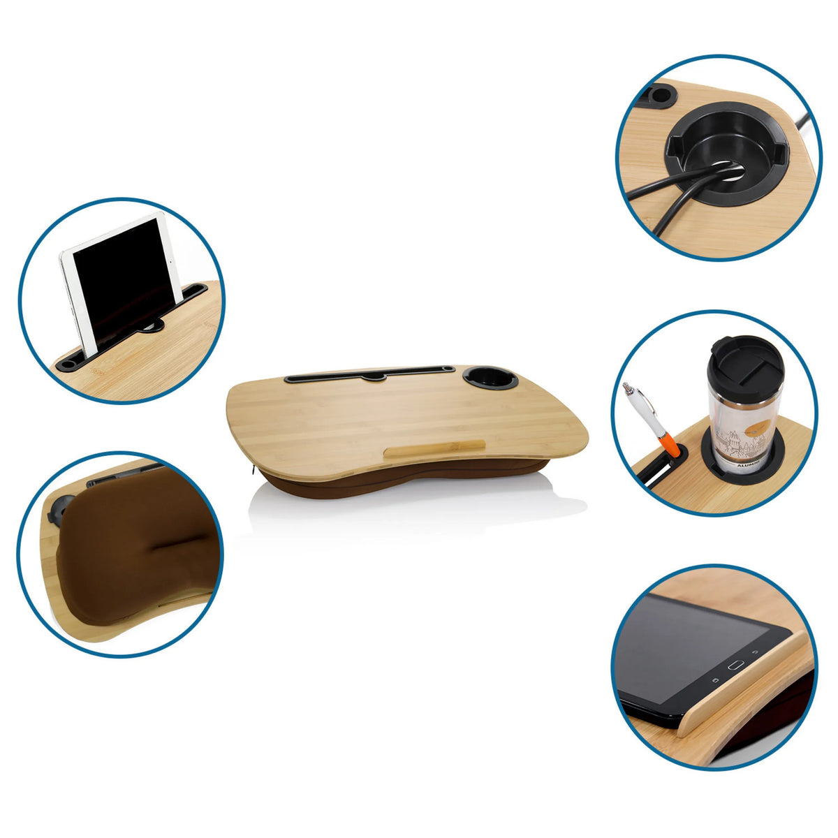 Supporto per laptop COMFILAP I in bambù con supporto per tablet, portabicchieri e portapenne di hjh OFFICE
