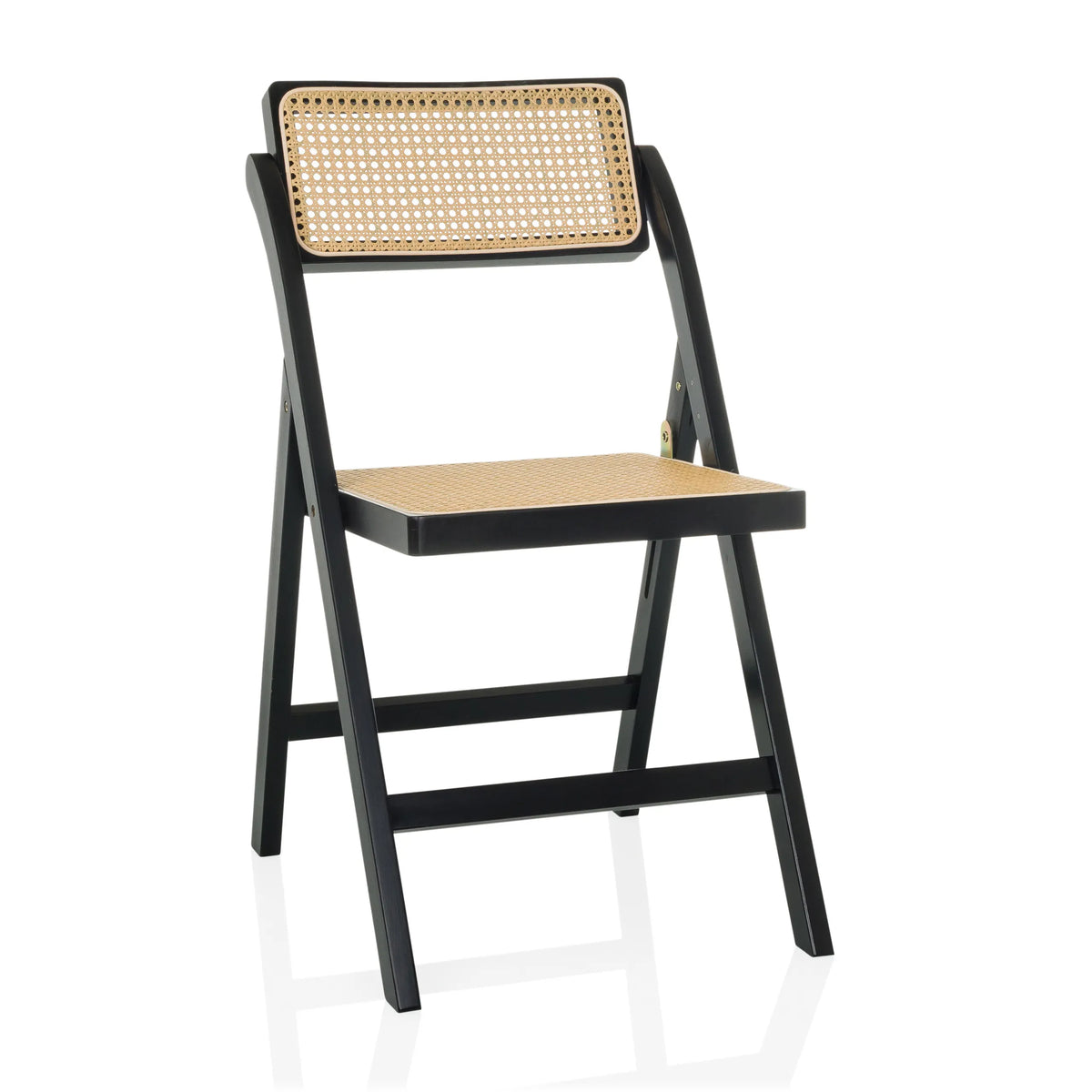 Sedia pieghevole TUDELA BAMBOO nera con seduta e schienale in paglia di Vienna marrone di hjh LIVING – vista a 360° (vista frontale 15°)