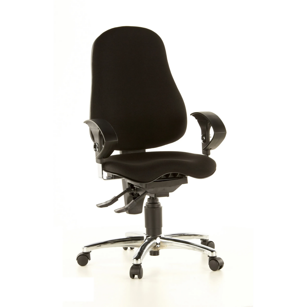 Sedia da ufficio professionale SITNESS 10 nera con braccioli e base a cinque ruote di Topstar – vista a 360° (vista frontale 20°)