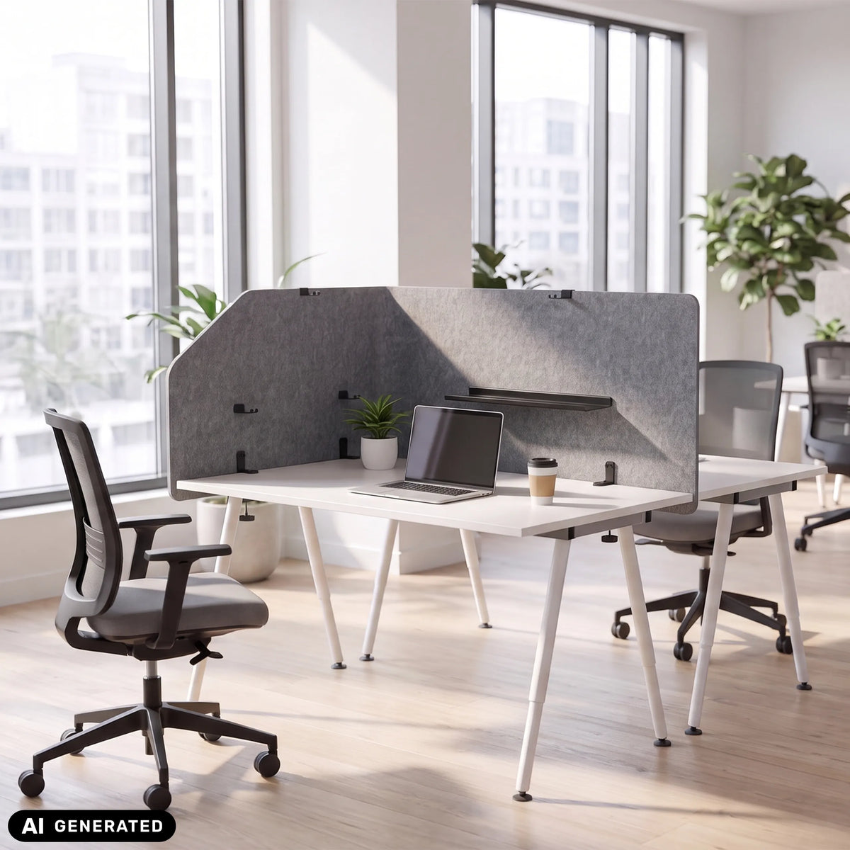 Divisorio per scrivania grigio FLEXMIUT T TOP lungo 160 cm su una scrivania bianca di hjh OFFICE (immagine generata dall’IA)