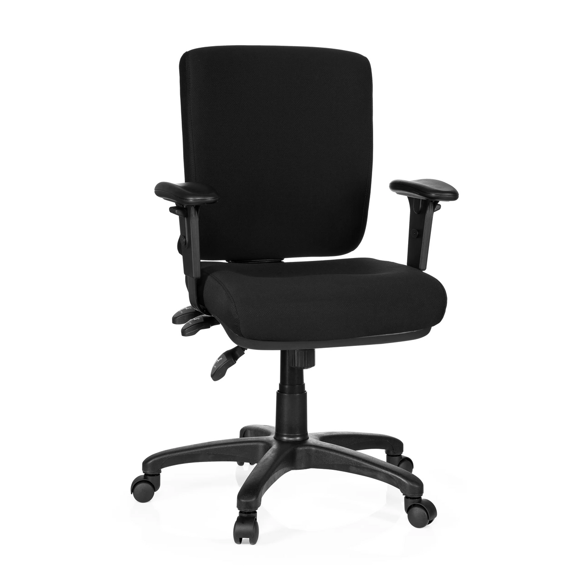 Sedia da ufficio professionale ZENIT BASE nera con braccioli e base a cinque ruote di hjh OFFICE – vista a 360° (vista frontale 20°)