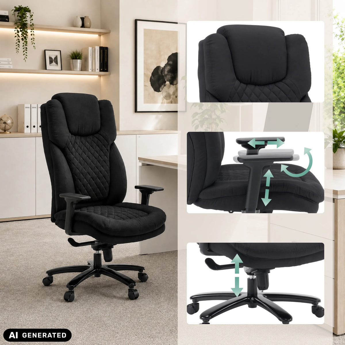 Sedia girevole XXL Pullmann Gen2 in nero con braccioli regolabili e base regolabile in altezza di hjh OFFICE