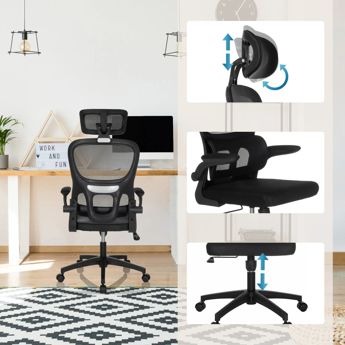 Sedia Home Office ERGOMY FLEX in nero con poggiatesta regolabile, braccioli e pistone a gas di MyBuero