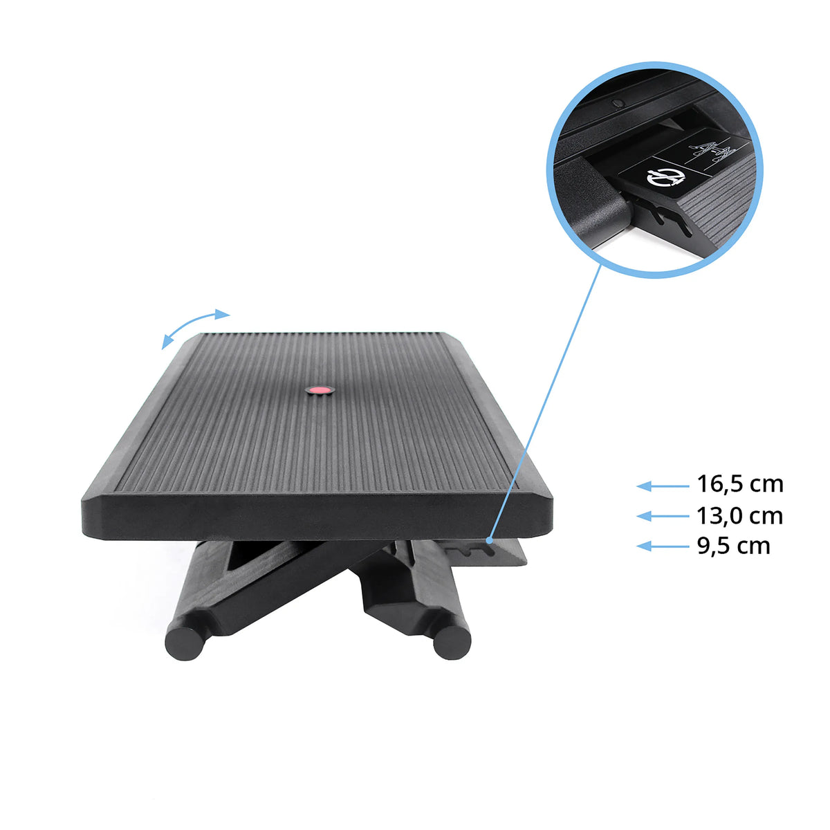 Poggiapiedi regolabile in altezza PIEDINO STRIPE PRO in nero con misure di 9,5 cm, 13,0 cm e 16,5 cm di hjh OFFICE