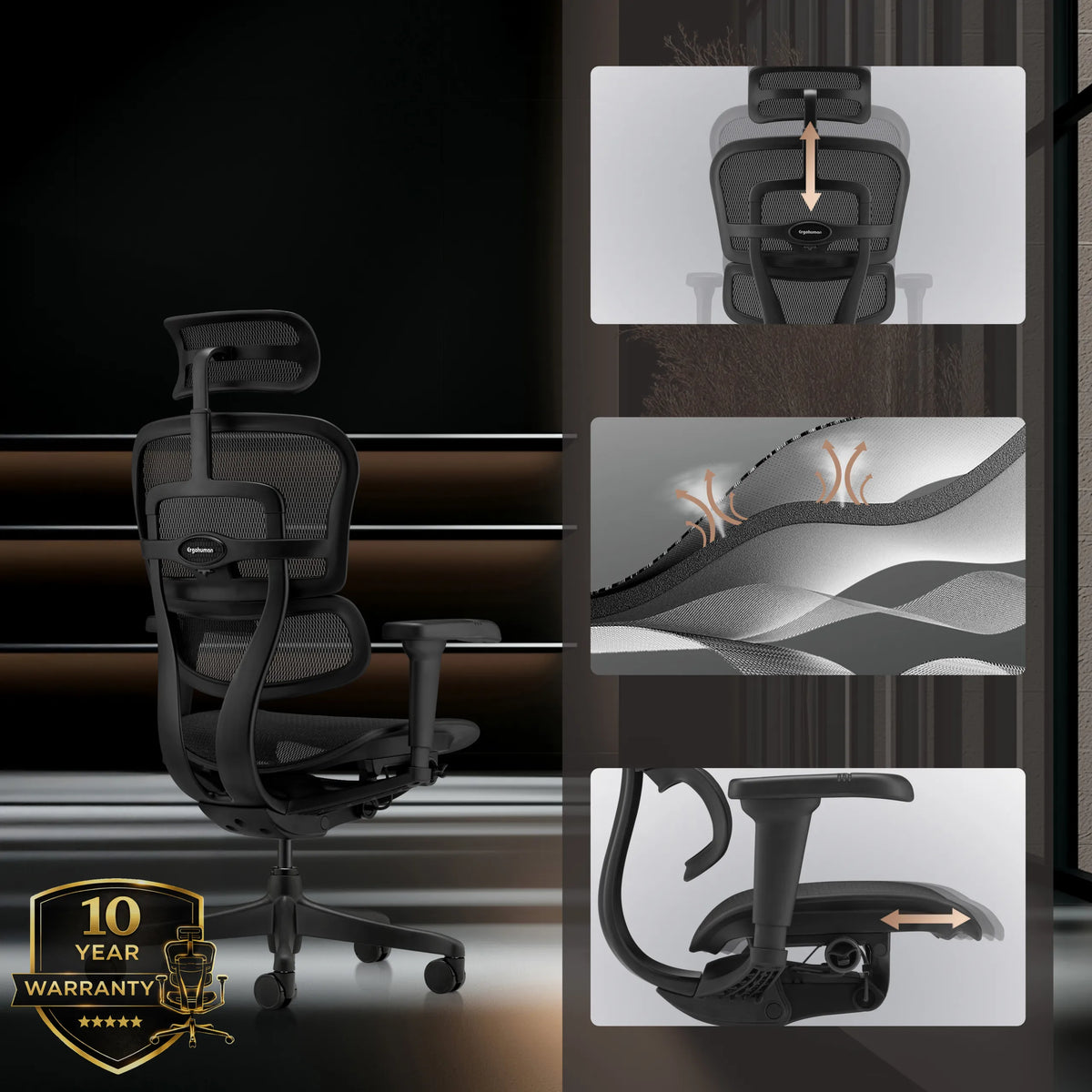Poltrona di lusso ERGOHUMAN SIGNATURE GEN2 in nero con rivestimento in rete e poggiatesta regolabile di hjh OFFICE