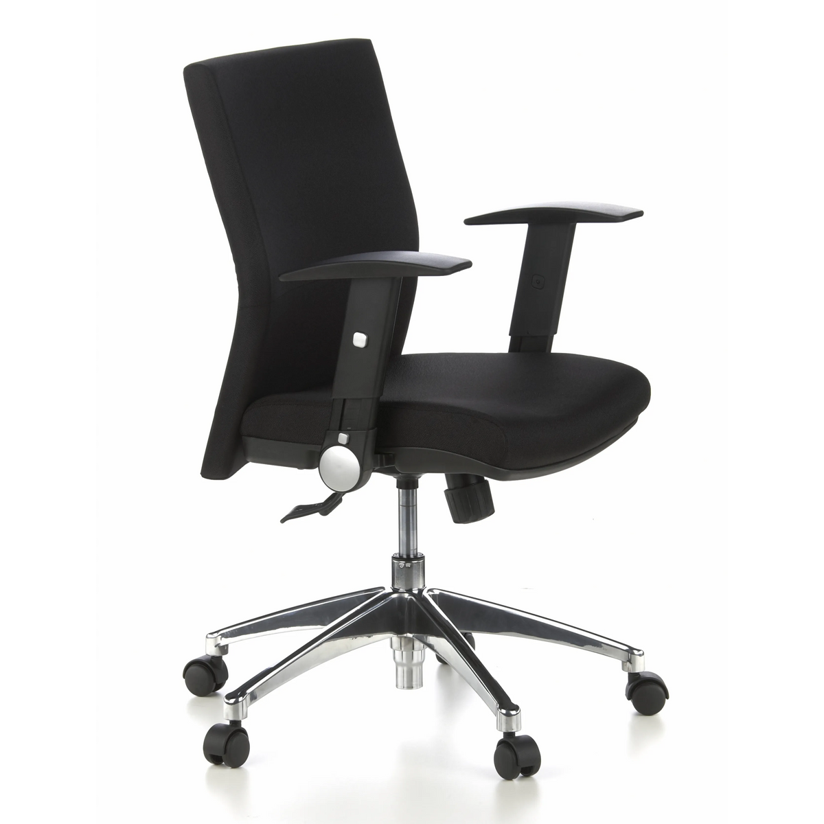 Sedia da ufficio professionale LAGUNA PRO nera con braccioli e base a cinque ruote di hjh OFFICE – vista a 360° (vista frontale a tre quarti 60°)