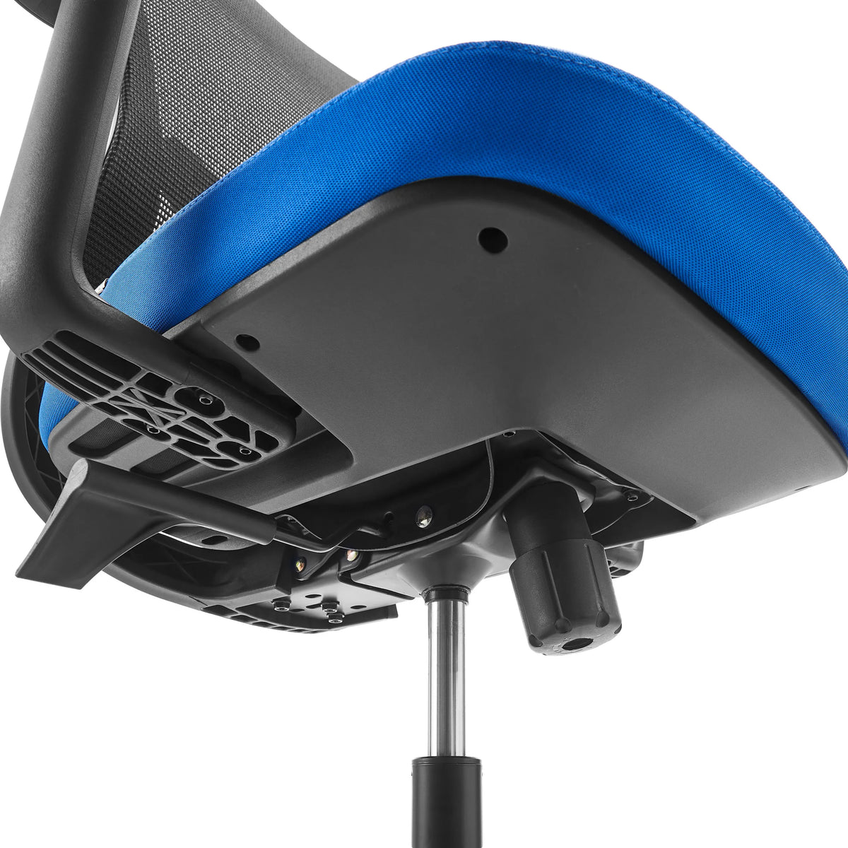 Unterseite der Sitzfläche und Gasfeder des Homeoffice-Bürostuhls Sedito in Blau und Schwarz von hjh OFFICE