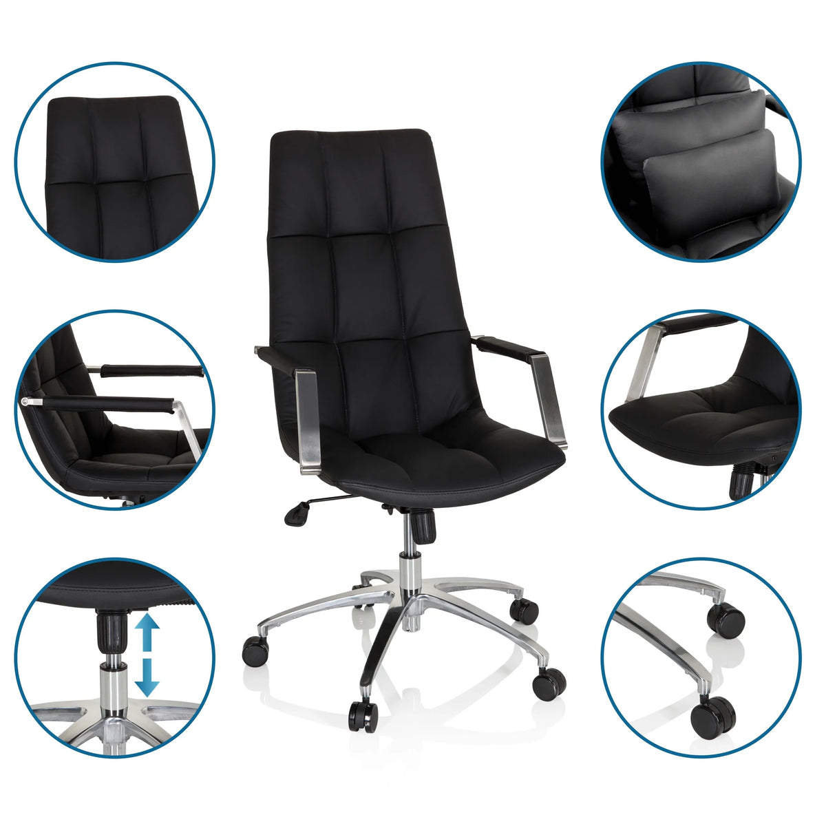 Poltrona Home Office SARANTO PRO in nero con rivestimento in pelle, altezza regolabile e base con ruote di hjh OFFICE