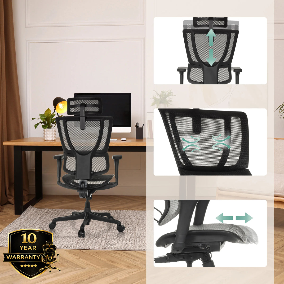 Poggiatesta e supporto lombare regolabili della poltrona di lusso ERGOHUMAN SLIM ECO M GEN2 in nero di hjh OFFICE