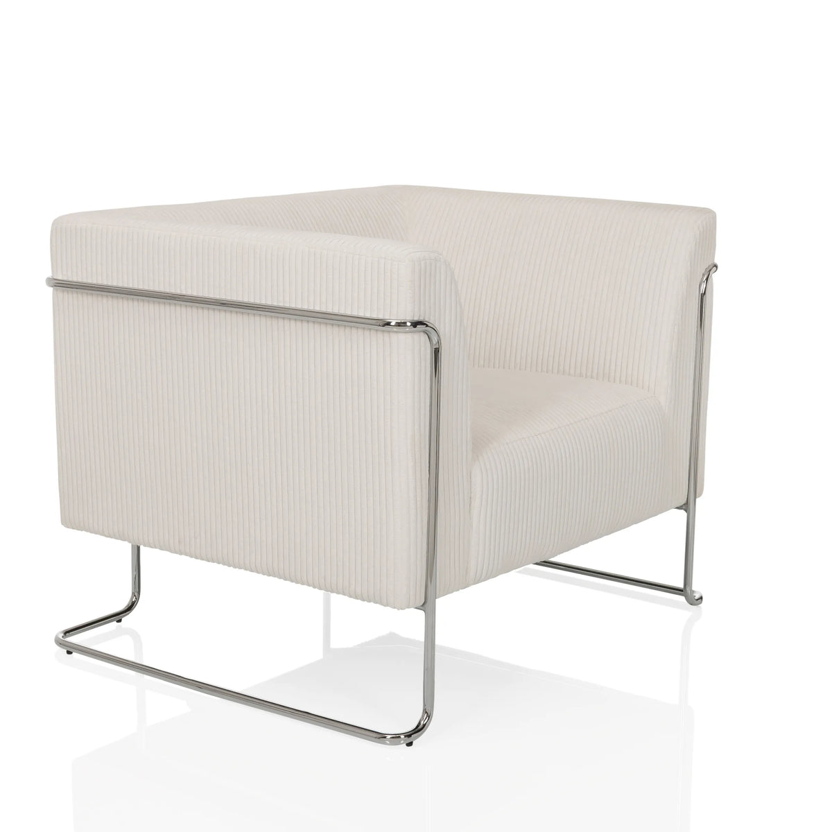 Poltrona Lounge Curacao Cord bianca con rivestimento a coste e struttura cromata di hjh LIVING – vista a 360° (vista frontale a tre quarti 45°)