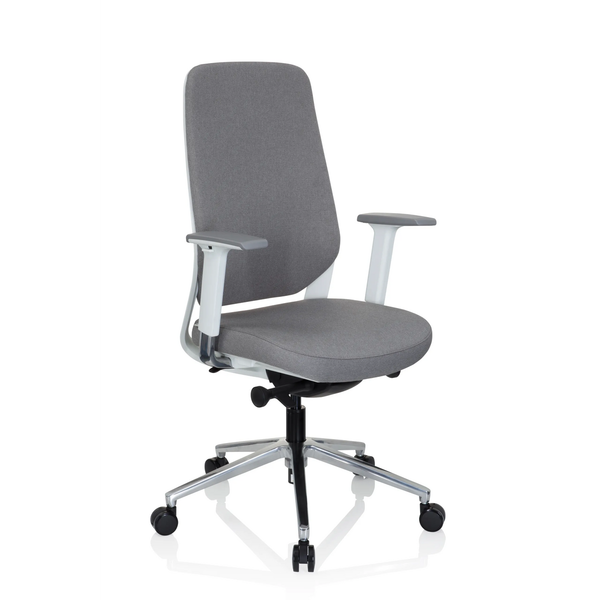 Sedia da ufficio professionale CHIARO T4 WHITE grigia con braccioli e base a cinque ruote di hjh OFFICE – vista a 360° (vista frontale a tre quarti 40°)