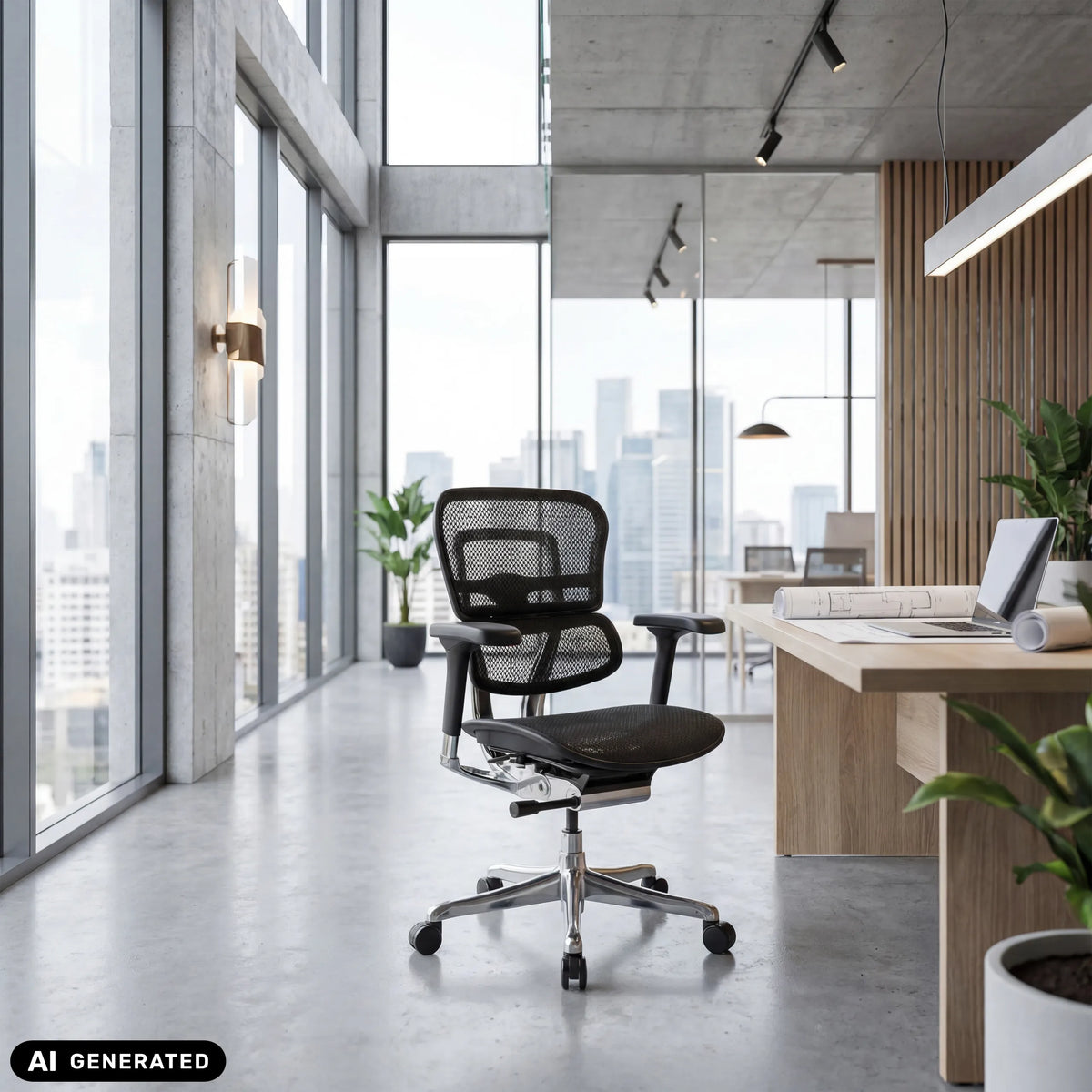 Poltrona di lusso ERGOHUMAN BASE GEN2 con rete nera in un ufficio di hjh OFFICE (immagine generata dall’IA)