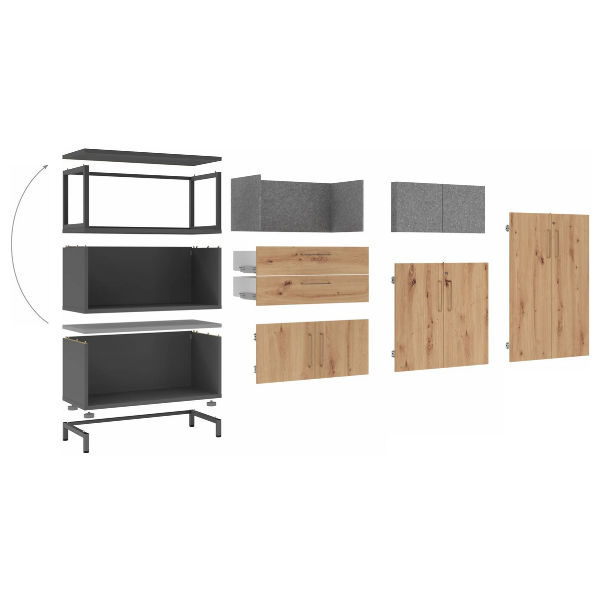 Einzelteile und Fronten des Schrankes FlexWall in Graphit und Holzoptik von hjh OFFICE PRO