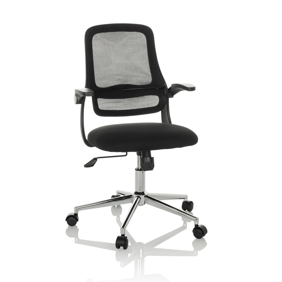 Sedia Home Office MIKO B ECO nera con schienale in rete e base a cinque ruote di hjh OFFICE – vista a 360° (vista frontale 15°)