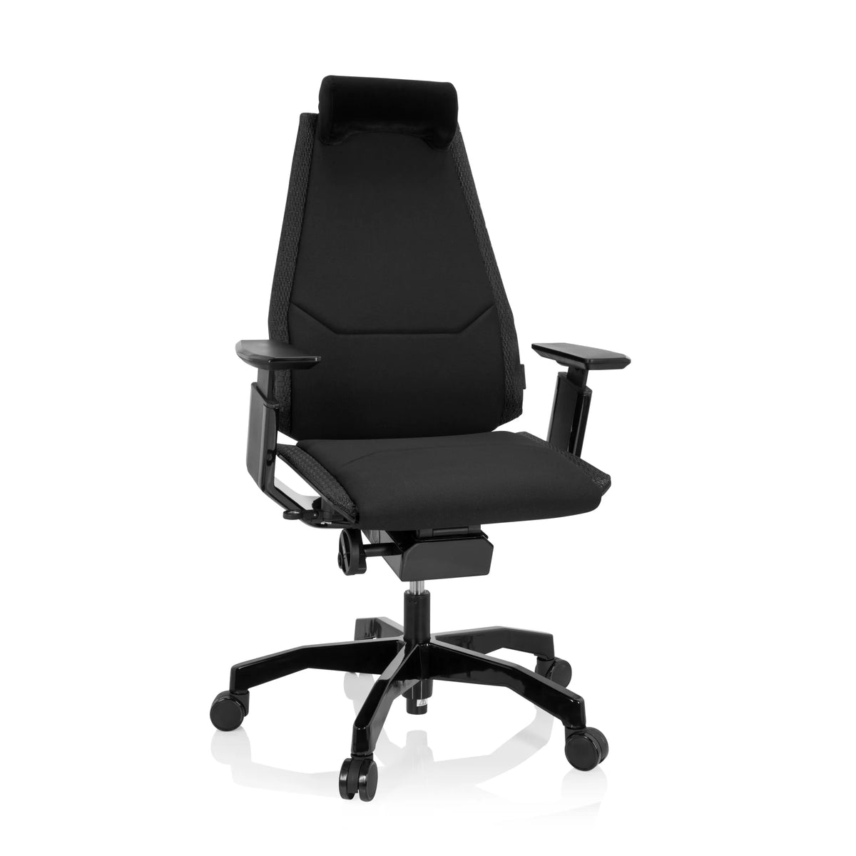 High-end Sedia da ufficio GENIDIA BLACK nera con rivestimento in tessuto e base a cinque ruote di hjh OFFICE – vista a 360° (vista frontale 20°)