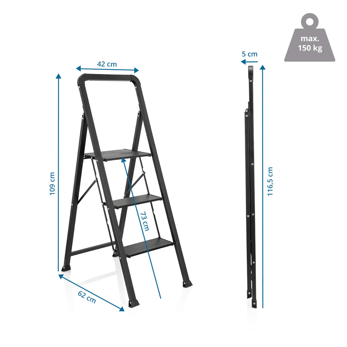 Disegno tecnico della Scala richiudibile SOLID W6 con un'altezza di 109 cm di hjh OFFICE