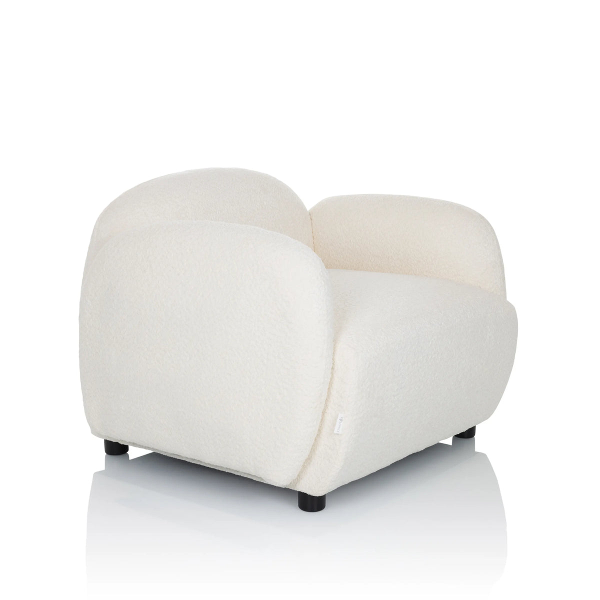 Poltrona Lounge VERDUNA bianca con rivestimento in tessuto strutturato e piedini neri corti di hjh LIVING – vista a 360° (vista frontale a tre quarti 45°)