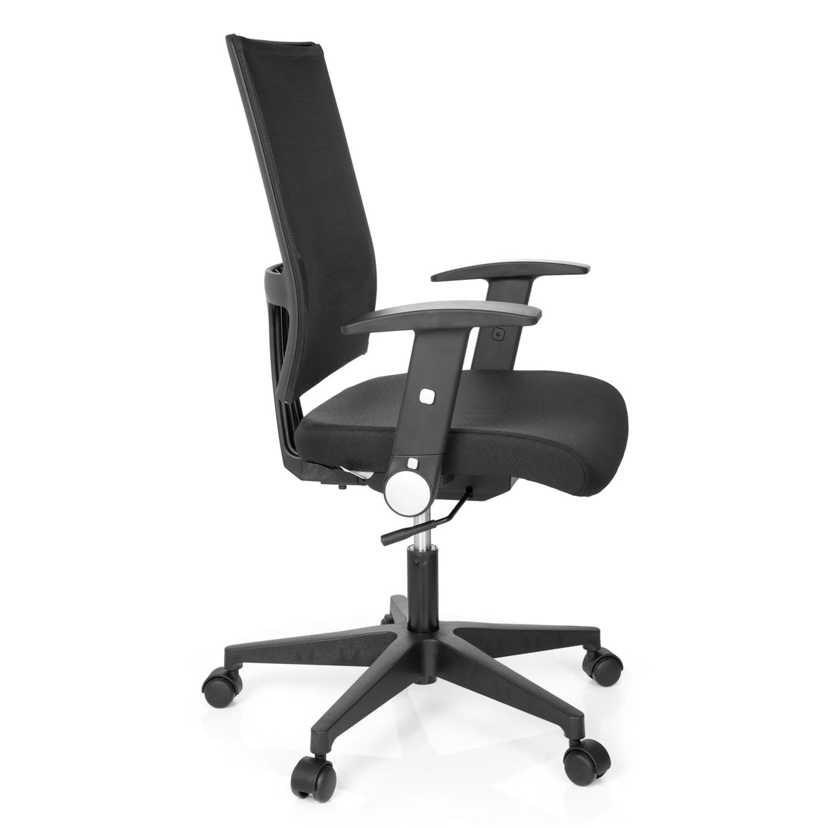 Sedia Home OFFICE R8 nera con schienale in rete e base a cinque ruote di hjh OFFICE – vista a 360° (profilo laterale 80°)