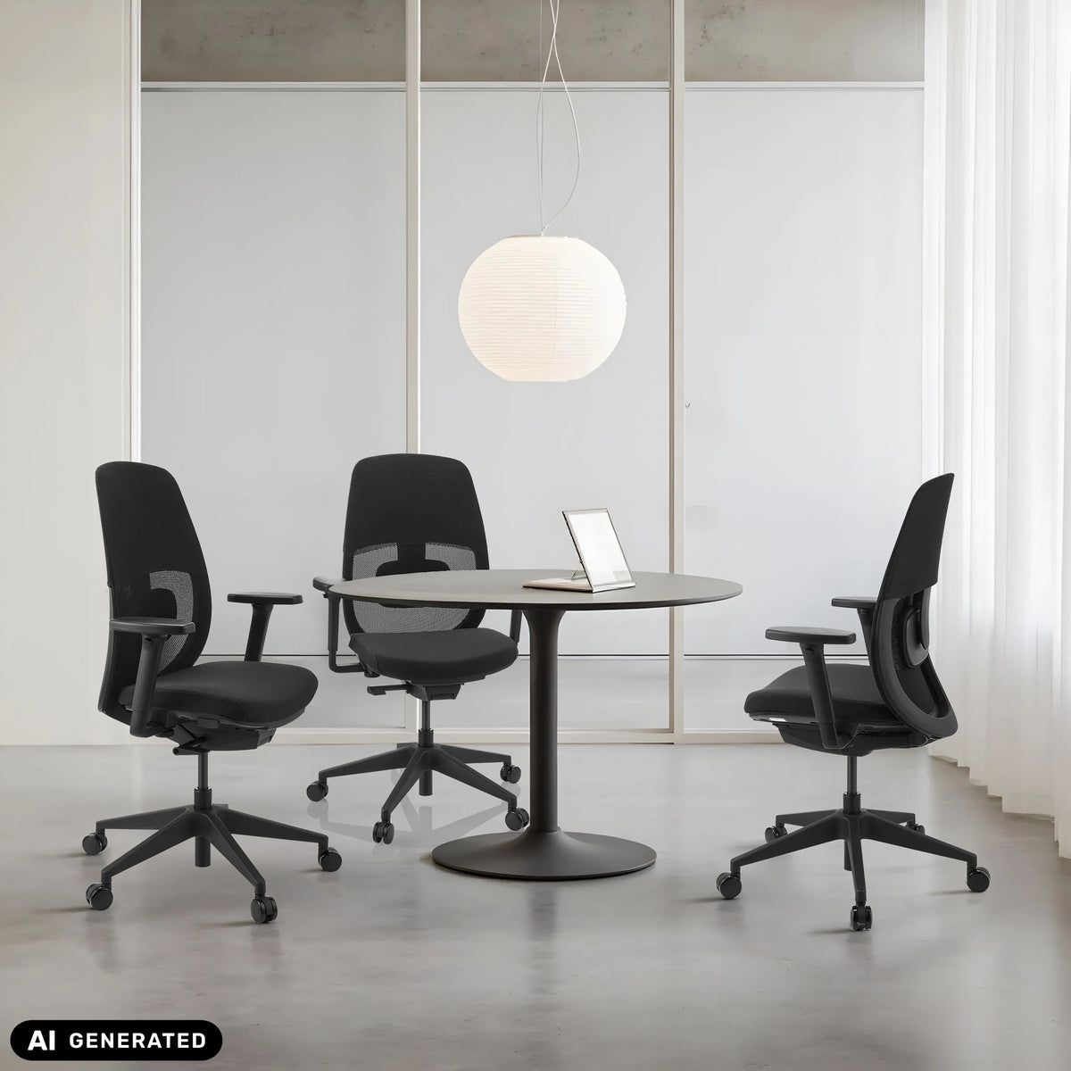 Drei Profi-Bürostühle Skandis in Schwarz an einem runden Tisch von hjh OFFICE (KI-generiertes Bild)