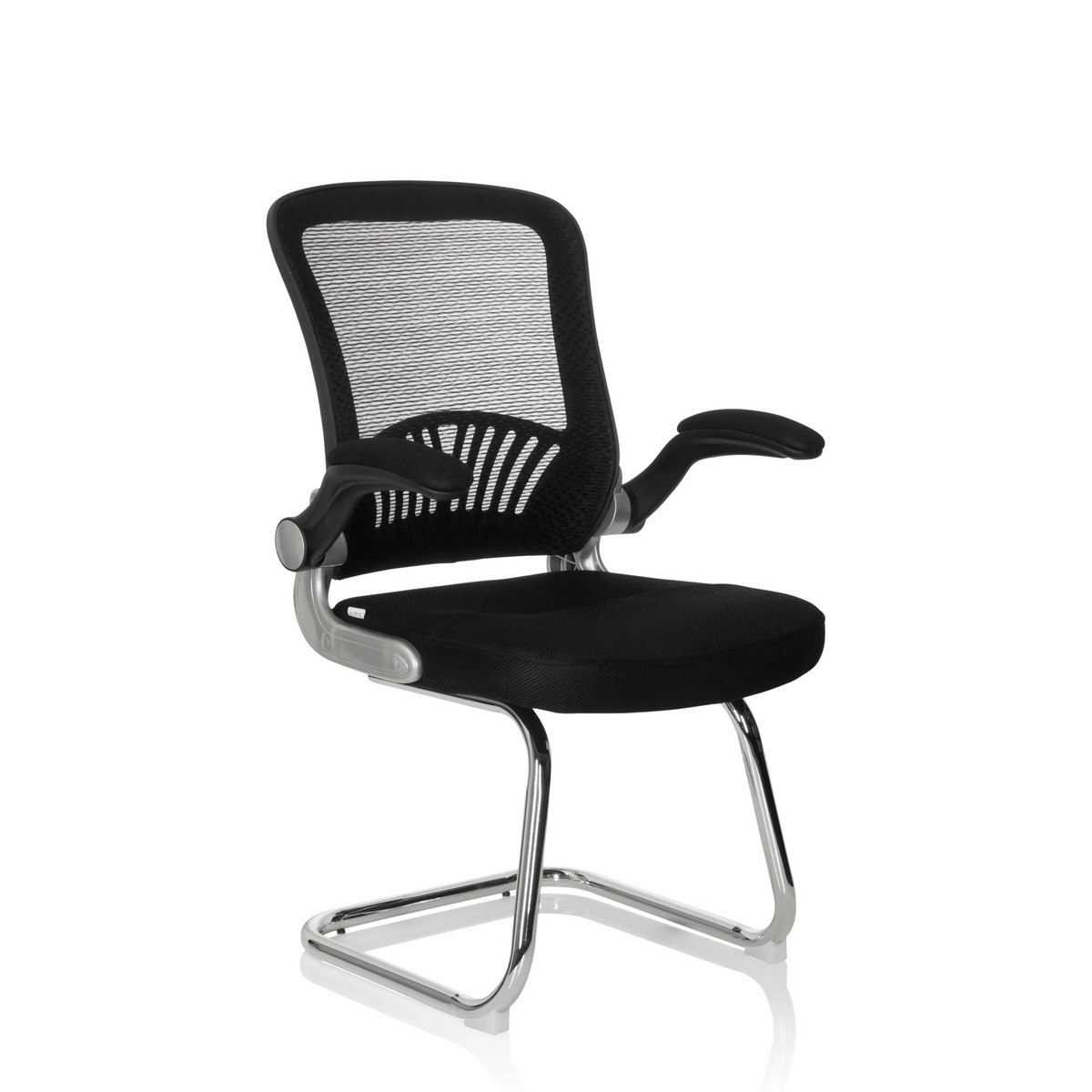 Sedia a sbalzo FLYER PRO V nera con schienale in rete, braccioli e base a slitta di hjh OFFICE – vista a 360° (vista frontale a tre quarti 40°)