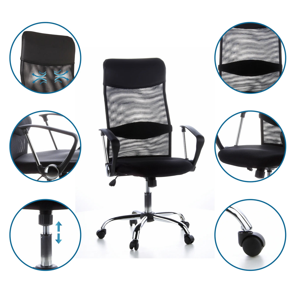 Poltrona Home Office ARIA HIGH in nero con schienale in rete, braccioli e pistone a gas di hjh OFFICE