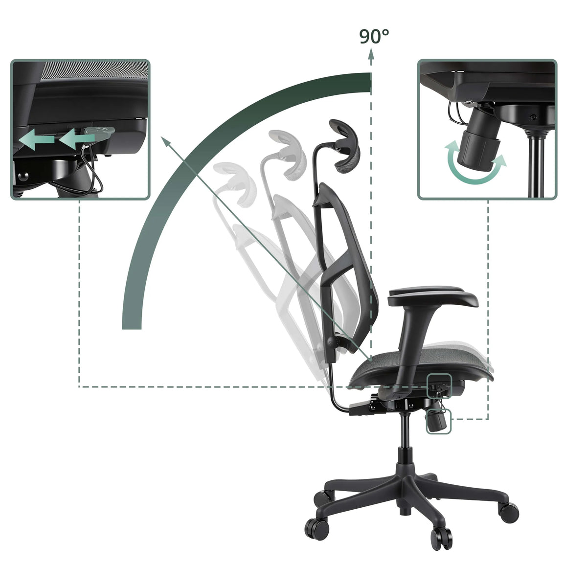 Schienale regolabile con inclinazione fino a 90 gradi della sedia da ufficio professionale Enjoy Eco MB in nero di hjh OFFICE