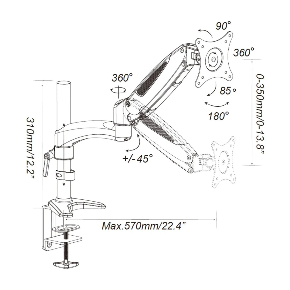 Disegno tecnico del Supporto per monitor VM-MG1 con una profondità massima di 570 mm di hjh OFFICE