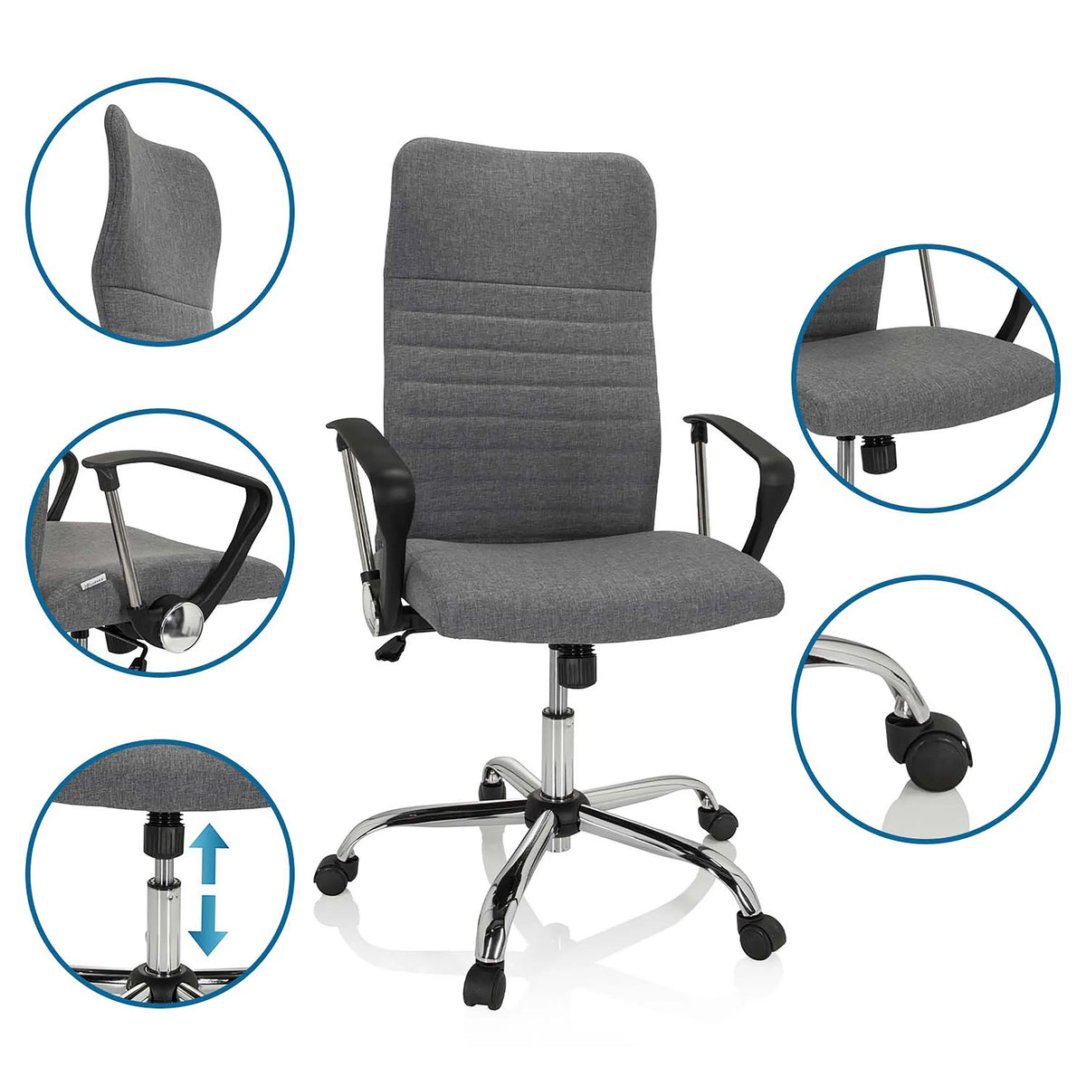 Sedia Home Office ARTON 40 grigia con viste dettagliate di schienale, braccioli, pistone a gas e rotelle di hjh OFFICE