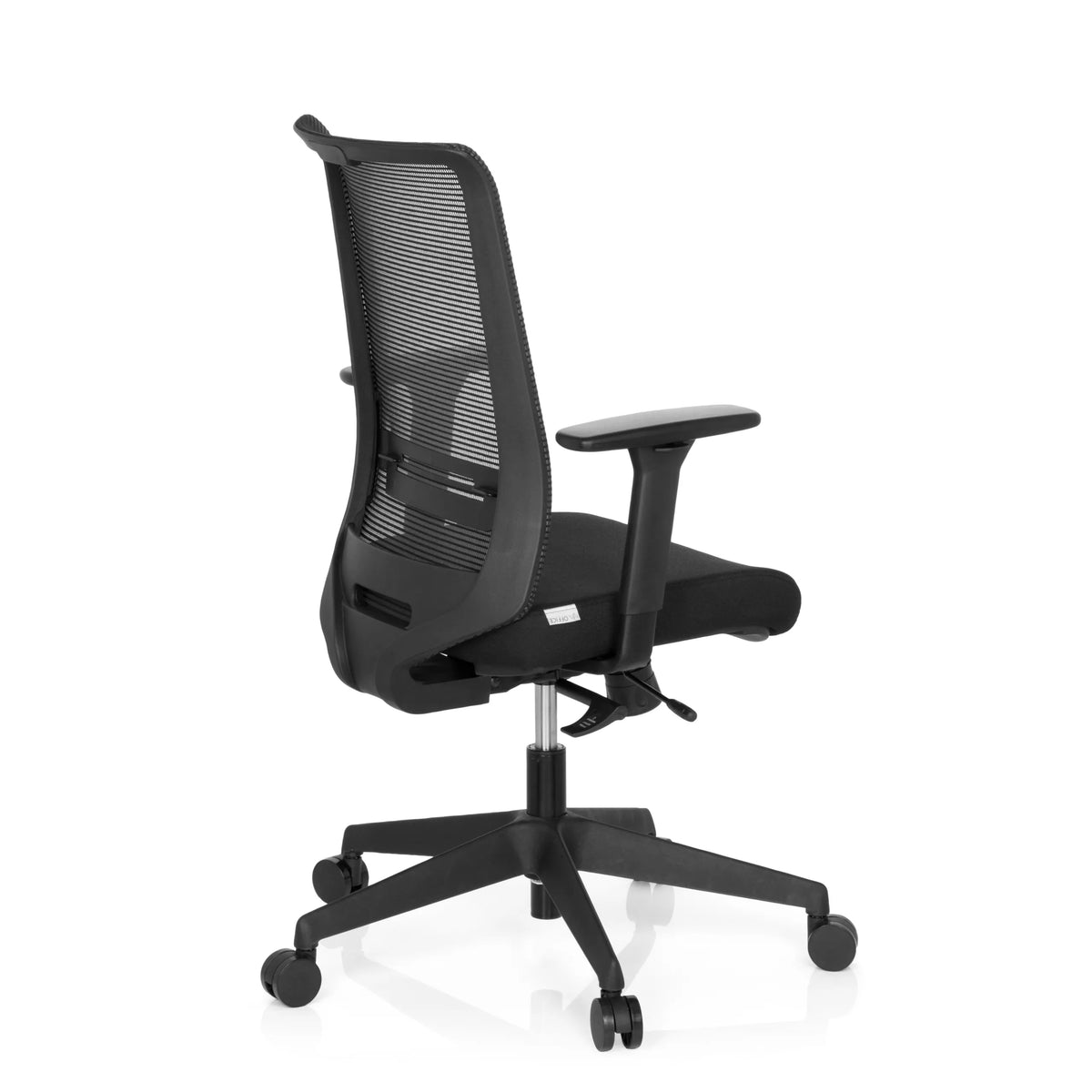 Sedia da ufficio professionale CONISTON nera con schienale in rete e base a cinque ruote di hjh OFFICE – vista a 360° (vista posteriore a tre quarti 120°)