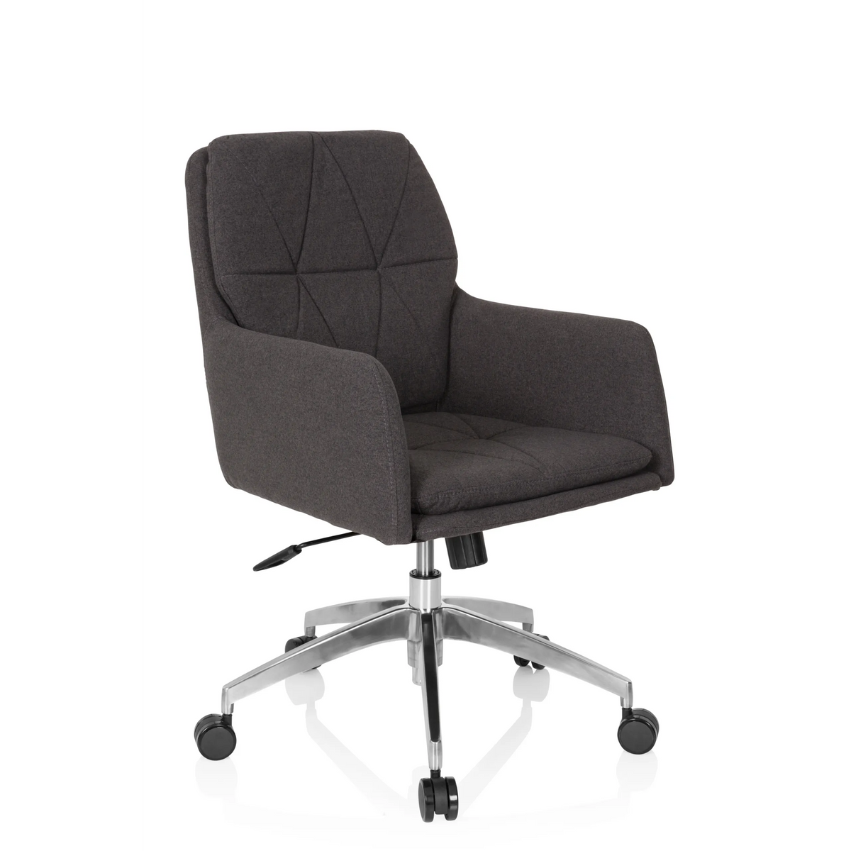 Sedia Home Office SHAKE 350 grigio scuro con motivo trapuntato e base a cinque ruote di hjh OFFICE – vista a 360° (vista frontale a tre quarti 40°)