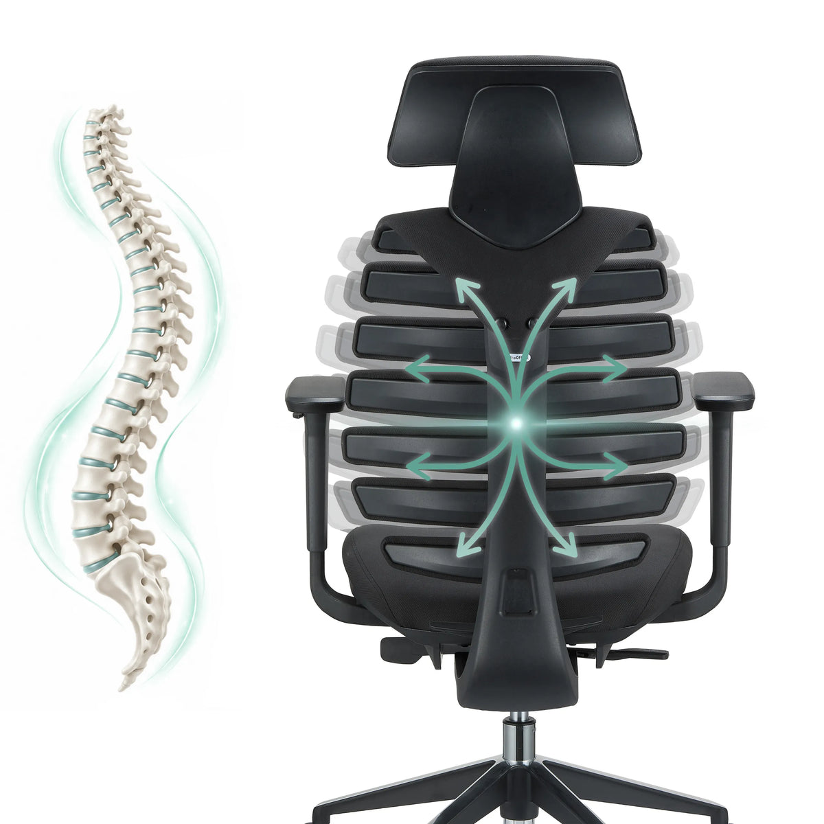 Schienale della sedia da ufficio professionale ERGO LINE II PRO con rappresentazione di una colonna vertebrale e frecce di hjh OFFICE