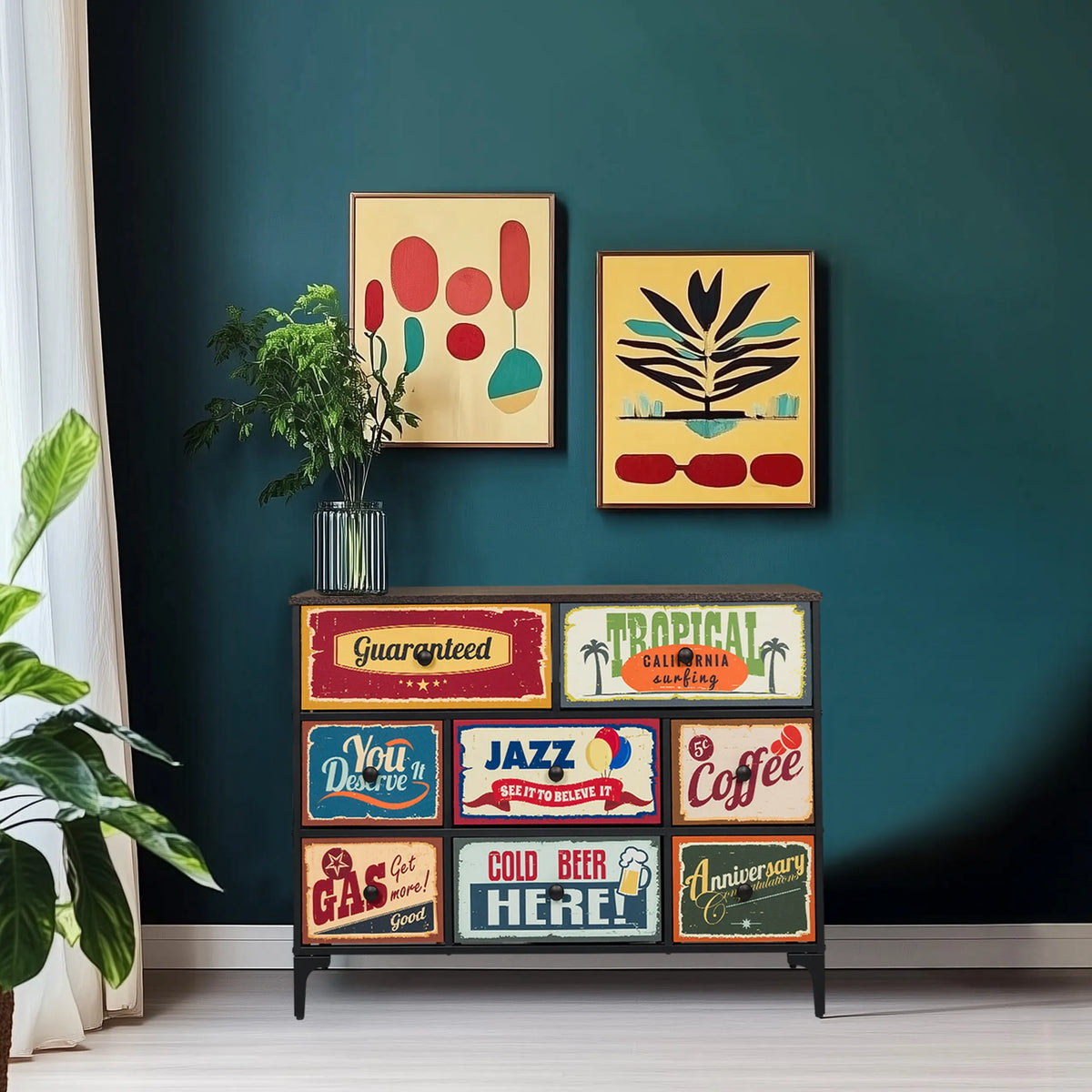 Cassettiera AMERIKO B con motivi retro colorati sui frontali dei cassetti di hjh LIVING