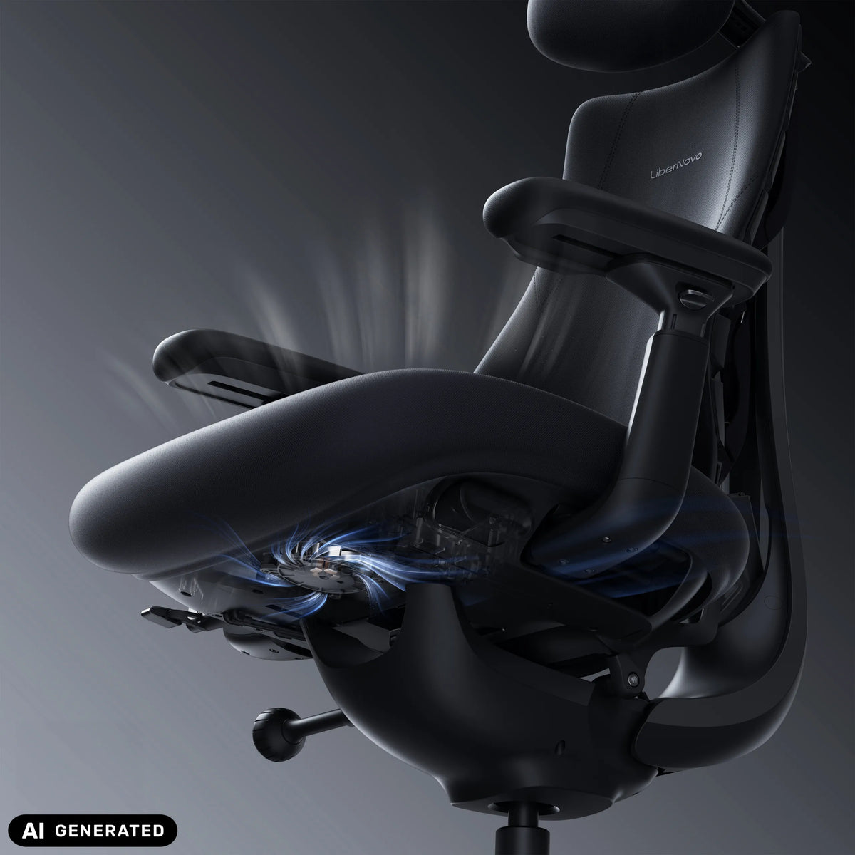 Meccanismo del sedile della sedia da ufficio LiberNovo Maxis Airflow in grafite con rappresentazione grafica del flusso d'aria di Libernovo