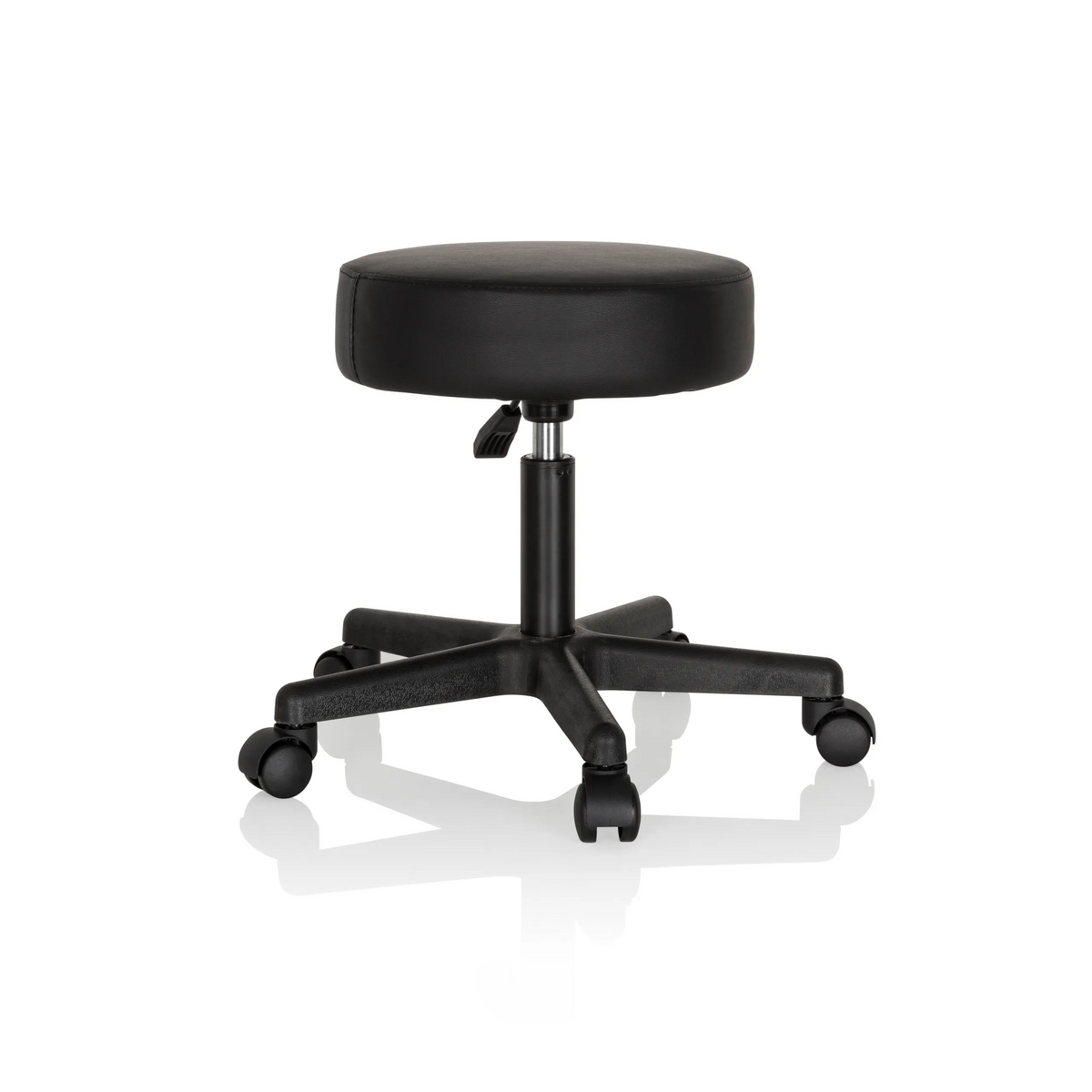 Sgabello girevole nero OPERATOR I con seduta imbottita e base a cinque ruote di hjh OFFICE – vista a 360° (vista posteriore a tre quarti 120°)