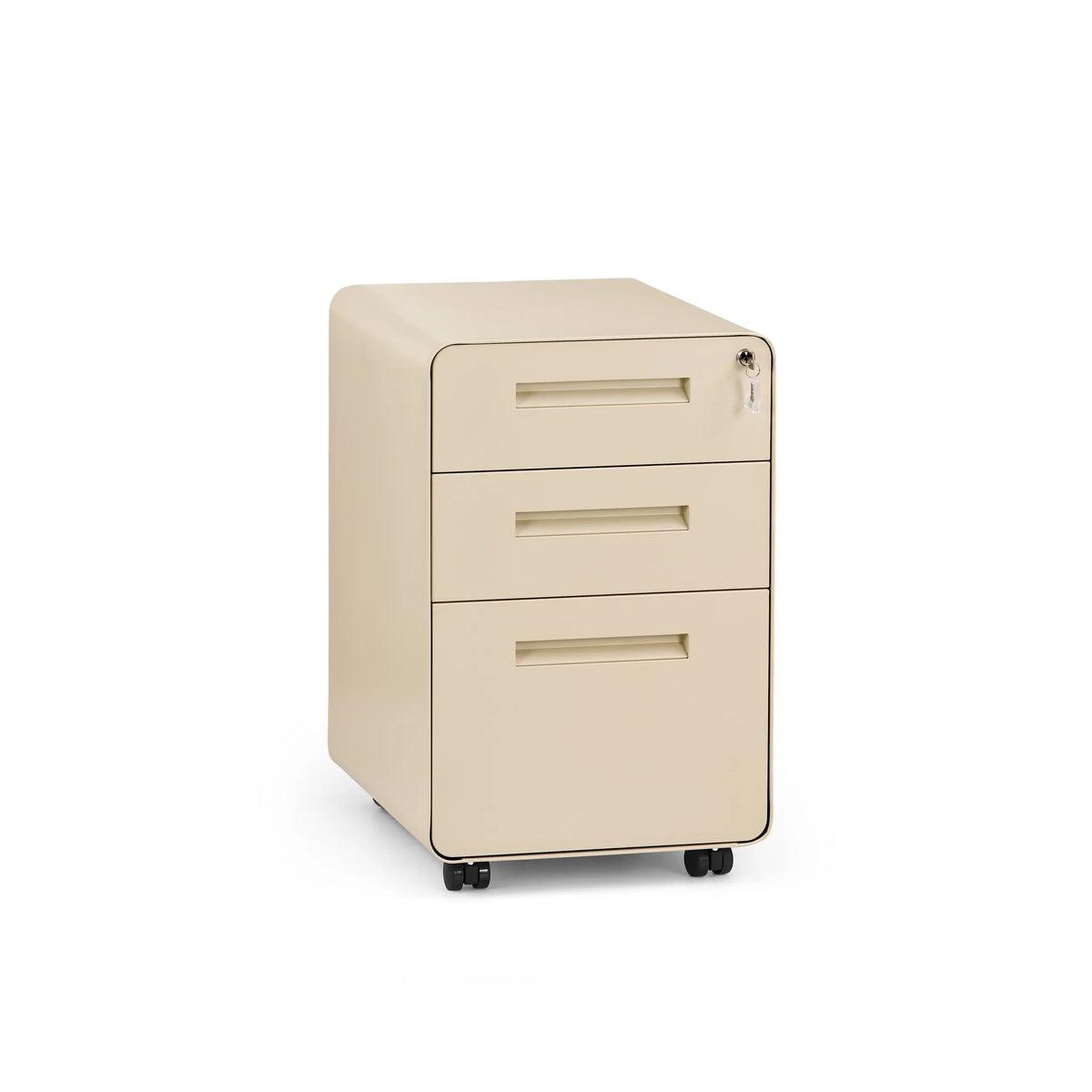 Cassettiera con rotelle COLOR PLUS I beige in metallo con tre cassetti e quattro ruote di hjh OFFICE – vista a 360° (vista frontale 15°)