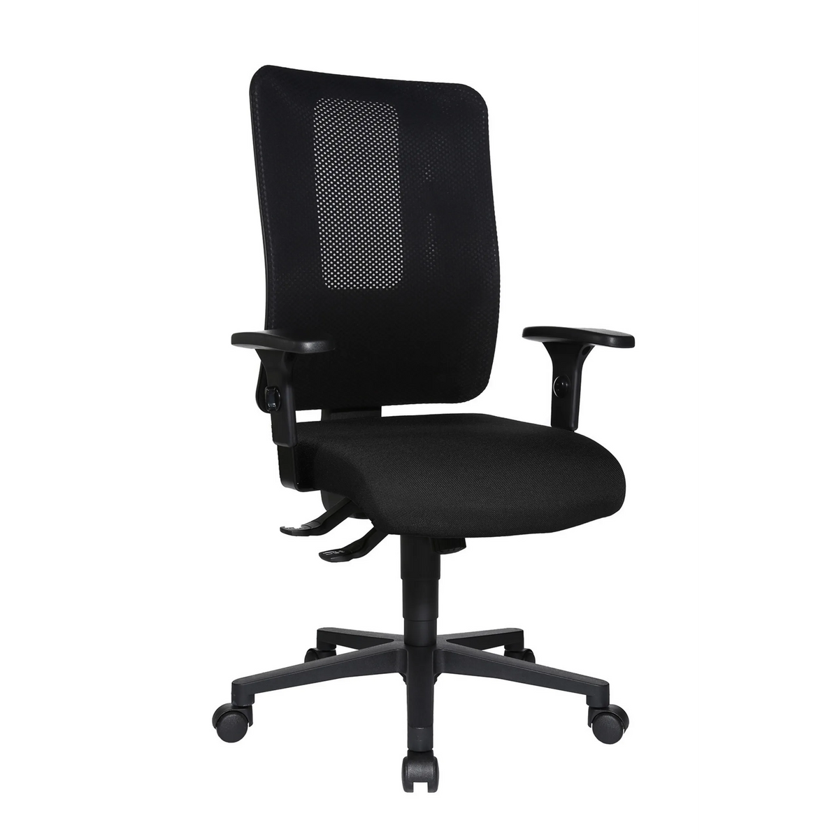 Sedia da ufficio professionale HJH WORK PRO nera con schienale in rete e base a cinque ruote di Topstar – vista a 360° (vista frontale a tre quarti 60°)