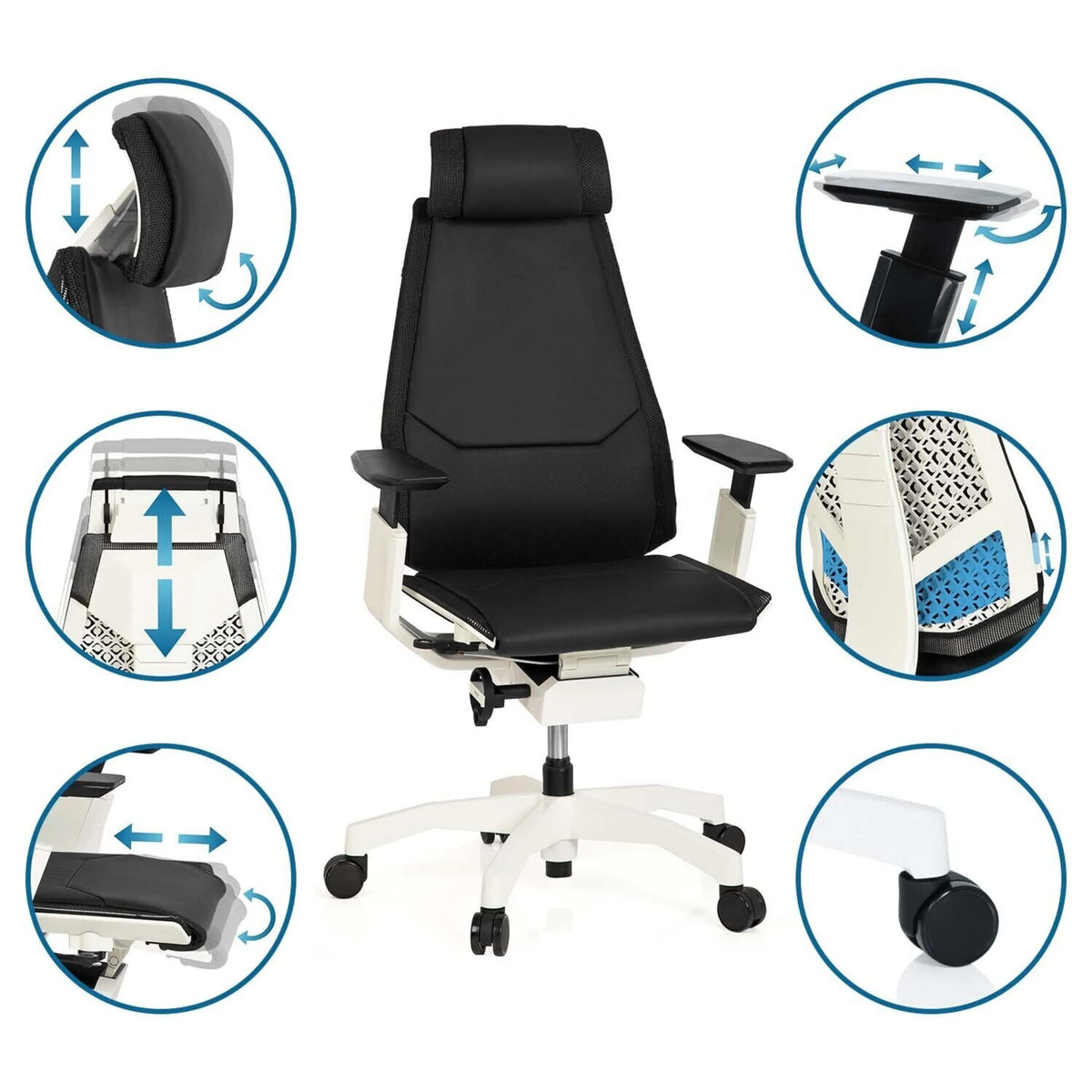 High-end Sedia da ufficio GENIDIA PRO WHITE in nero con diverse possibilità di regolazione di hjh OFFICE