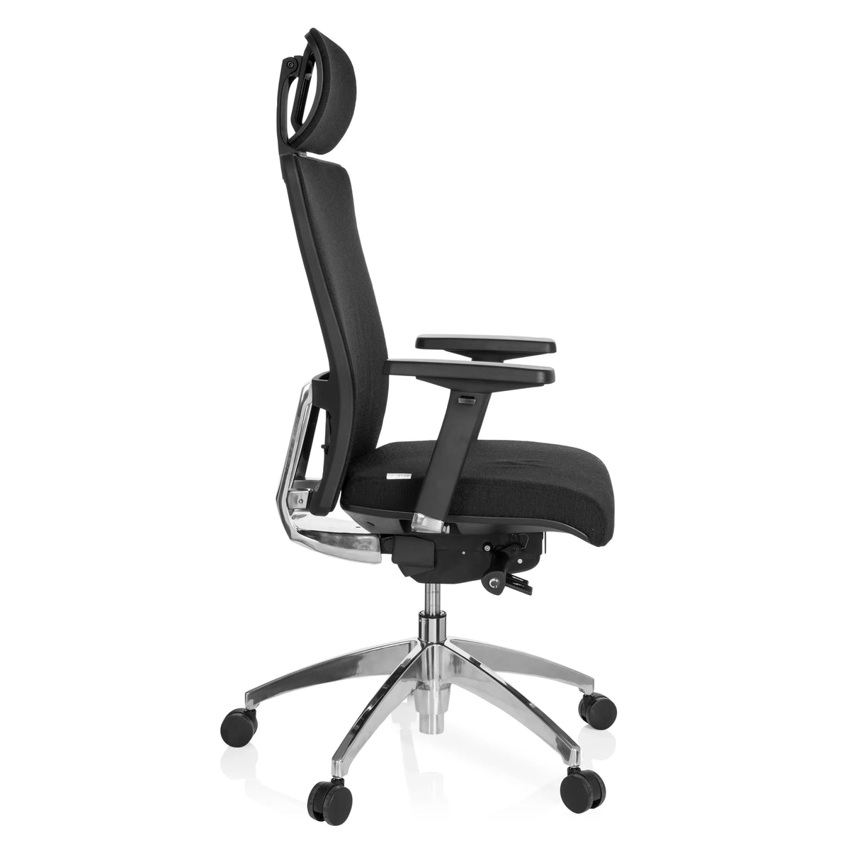 Sedia da ufficio professionale ASTRA LUX nera con poggiatesta, braccioli e base a cinque ruote di hjh OFFICE – vista a 360° (profilo laterale 80°)