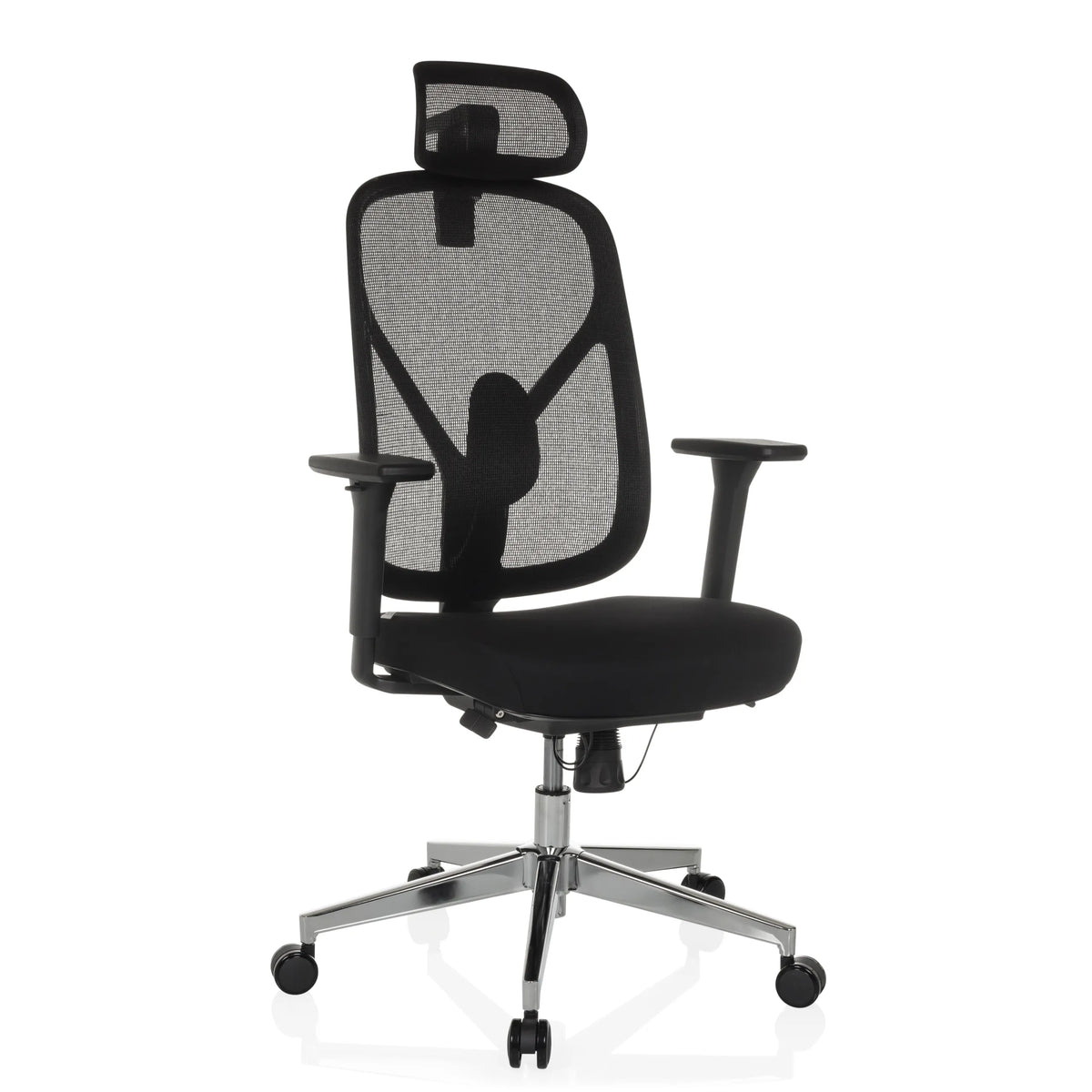 Sedia da ufficio professionale RALOO PRO nera con schienale in rete e base a cinque ruote di hjh OFFICE – vista a 360° (vista frontale a tre quarti 30°)