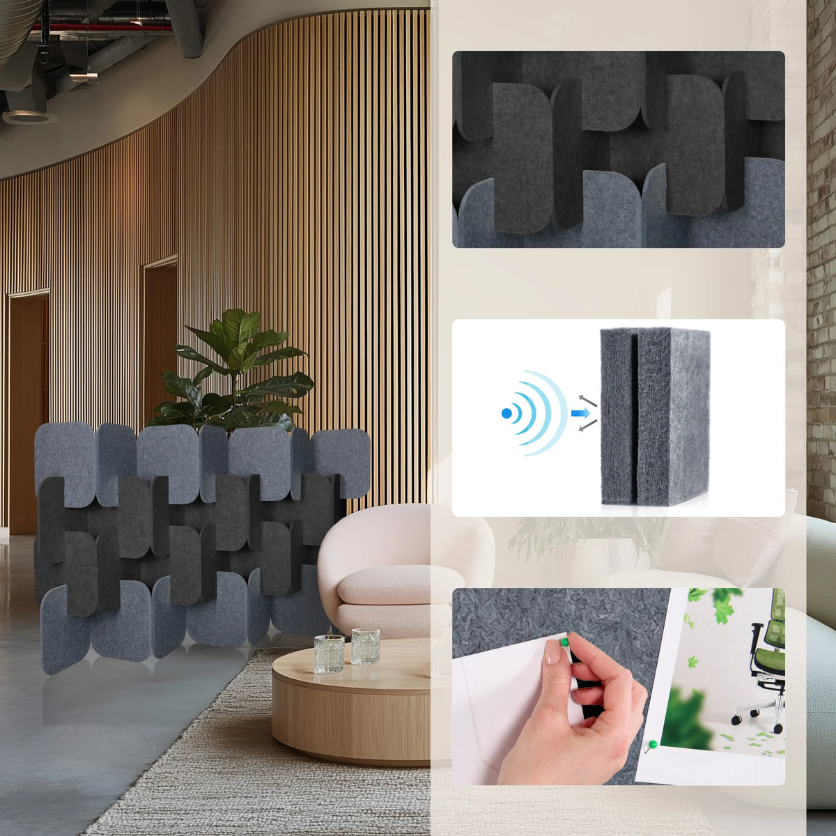 Pareti divisorie fonoassorbenti FLEXMIUT PLUG in grigio e grigio scuro come set modulare di hjh OFFICE