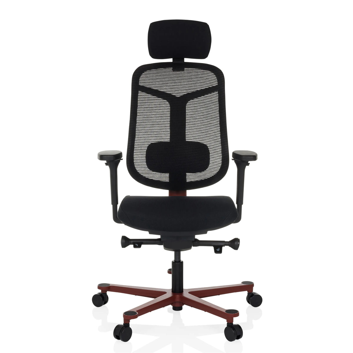 Sedia da ufficio high-end BICOLORE HIGH nera con schienale in rete, poggiatesta e base rossa a cinque ruote di hjh OFFICE – vista a 360° (vista frontale 0°)